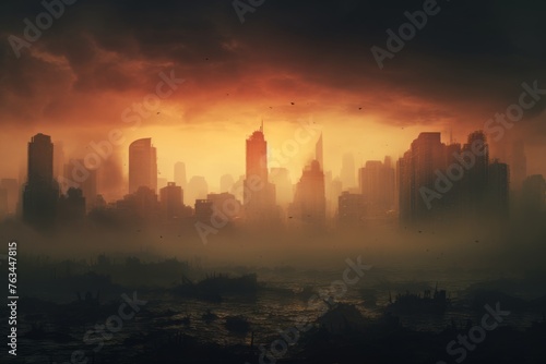 A dystopian city skyline obscured by thick smog