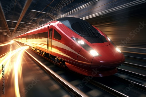 A dynamic shot of a high-speed train powered by electricity from overhead wires