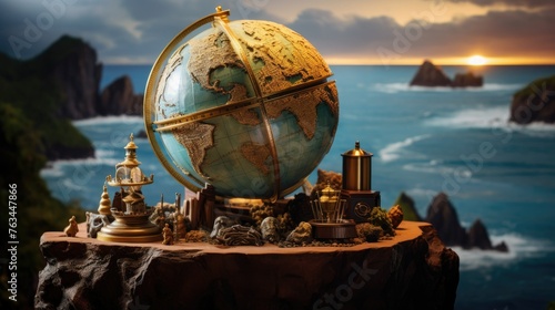 a vintage globe cradled in hand, set against the tranquil expanse of the sea and rocky coastline, generative ai