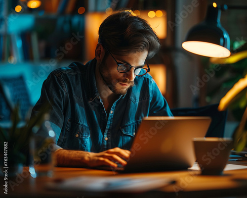 Solo entrepreneur working late on a laptop in a cozy home office, dedication, soft lamp light, closeup , cinematic