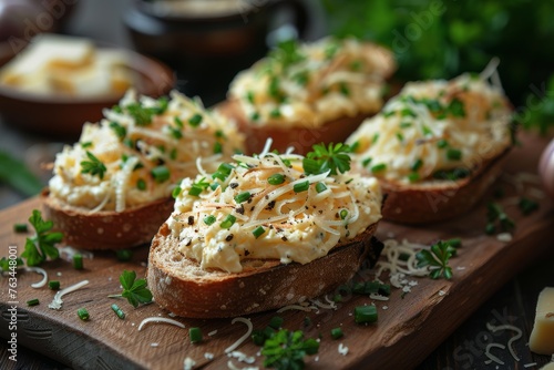 This tempting culinary delight features perfectly seasoned egg salad spread on toasted bread adorned with fresh garnish