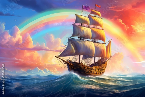 A pirate ship sailing under a vibrant rainbow, symbolizing the promise of adventure