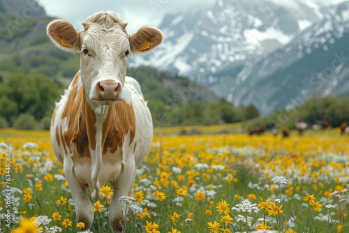 A serene cow stands in a blooming field with snow-capped mountains in the background, symbolizing peace and nature