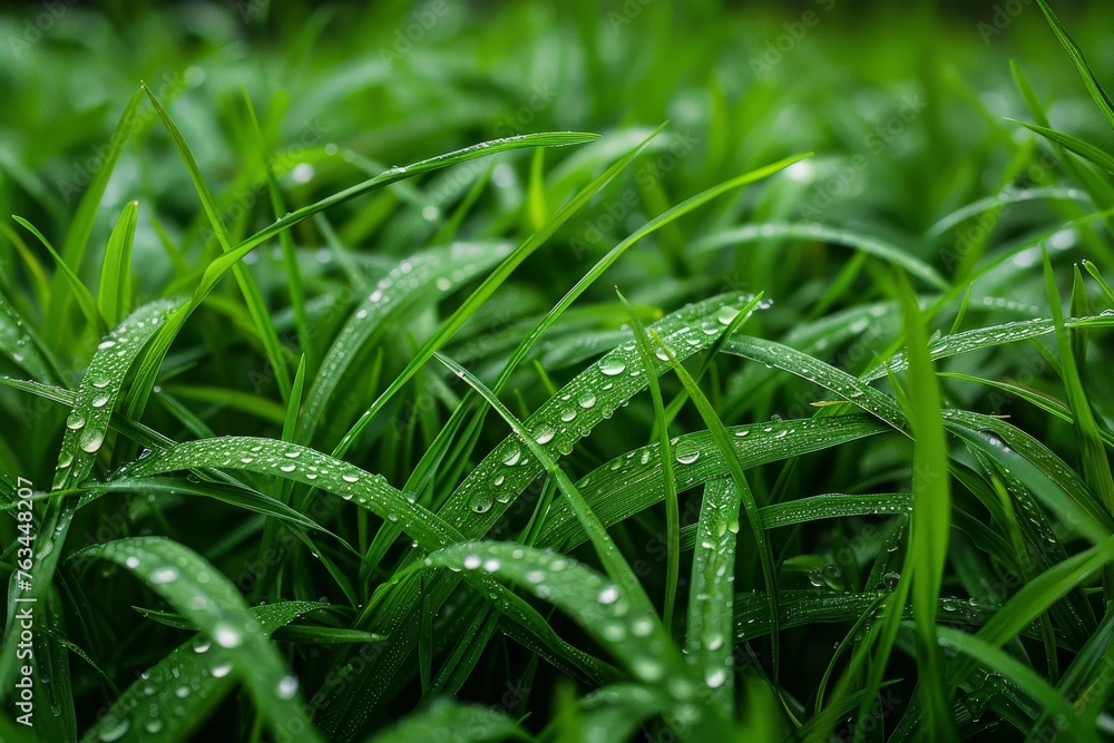 A close view of fresh raindrops on dense green grass evokes a sense of growth and life force A close view of fresh raindrops on dense green grass evokes a sense of growth and life force