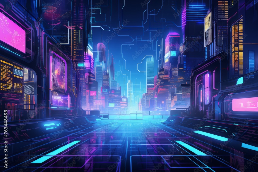 Abstract cyberpunk background incorporating holographic and neon elements