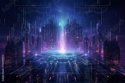 Abstract cyberpunk backdrop with holographic effects and digital circuitry