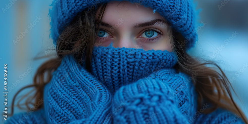 Woman in blue turtleneck knitted sweater sadly Woman in blue turtleneck knitted sweater sadly