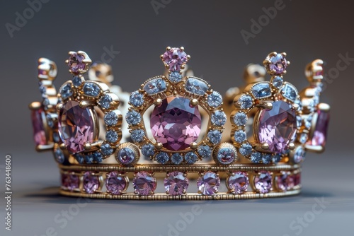 The intricate design of a royal crown jeweled with large purple gems and accented with diamonds showcases wealth and power