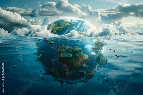 Global warming and climate change concept. World Water Day. Planet earth, flood. Catastrophe and disaster. Impact of environmental degradation. Pollution and destruction of ecosystems. AI generative.