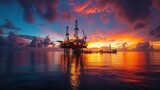 An offshore oil drilling platform with panoramic views of the sunrise and colorful skies.