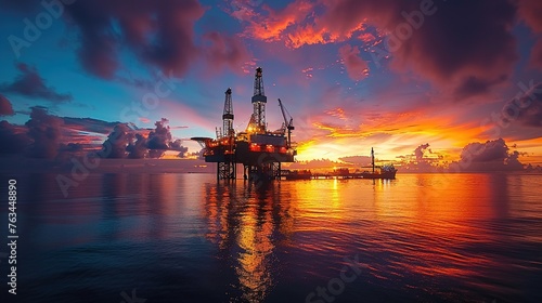 An offshore oil drilling platform with panoramic views of the sunrise and colorful skies.