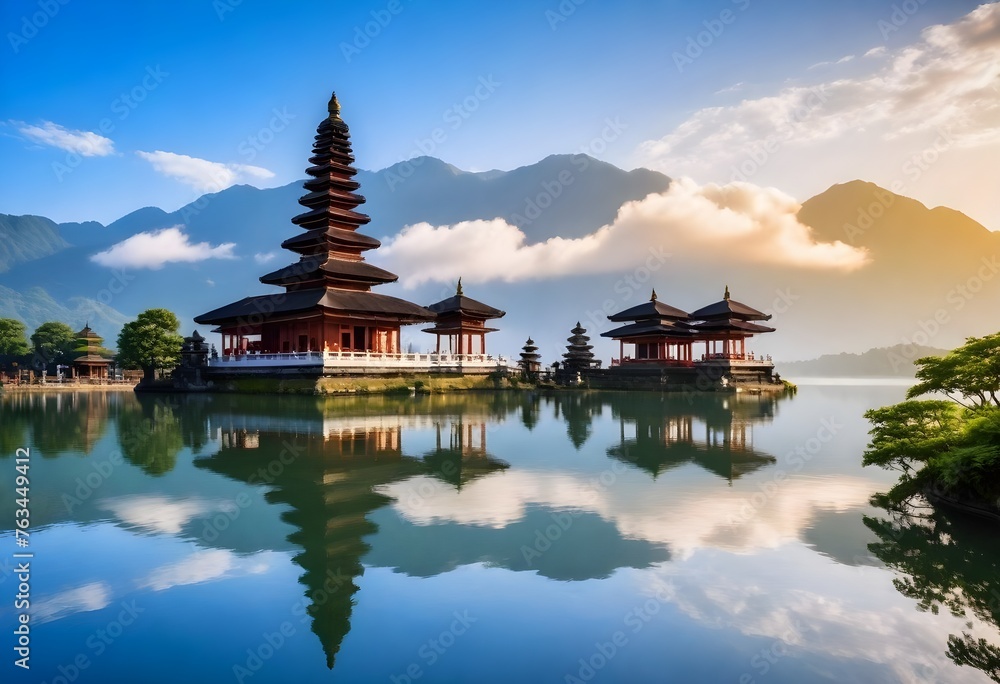 Naklejka premium a temple with a lake and mountains in the background.