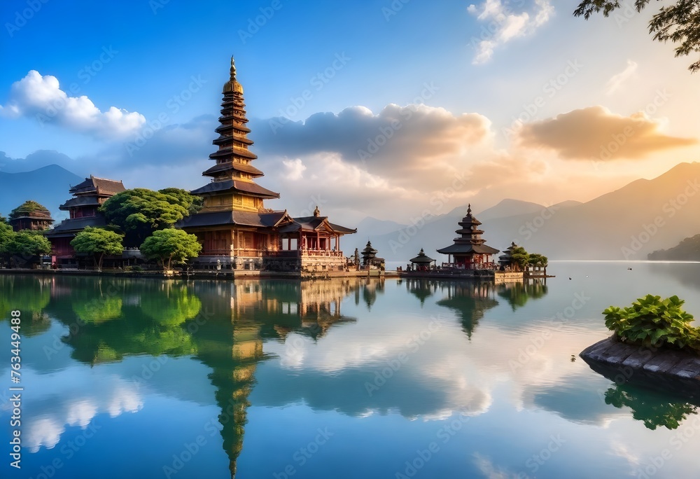 a temple with a lake and mountains in the background.