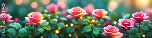 Abstract colorful blurred illustration of blooming pink roses on blurred bokeh background  space for text. Concept for valentine s day or birthday or mother s day or women s day. 