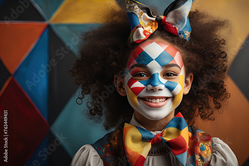Adorable child dressed in vibrant Harlequin attire and mask, bringing joy and carnival atmosphere.  festive-themed designs.