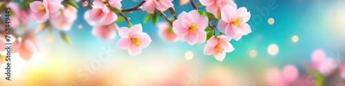 Abstract colorful blurred illustration of blooming spring peach branch on blurred bokeh background, space for text. Concept for valentine's day or birthday or mother's day or women's day.  © La_Valentina