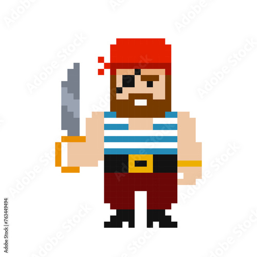 Pixel Art Pirate Cabin Boy suit sailor with saber or sword in red bandana - cartoon retro game style vector graphics. Funny Pirate charactrer in pixel art style 