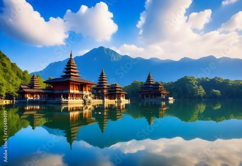 a temple with a lake and mountains in the background. photo