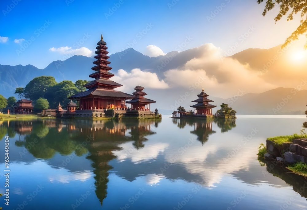 a temple with a lake and mountains in the background. - obrazy, fototapety, plakaty 