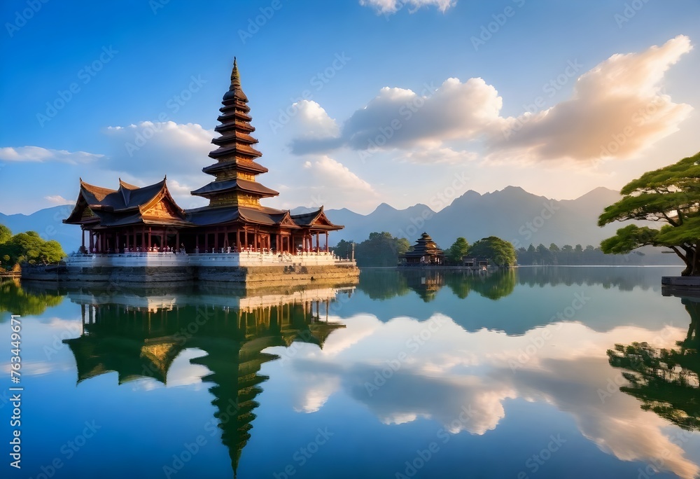 Naklejka premium a temple with a lake and mountains in the background.