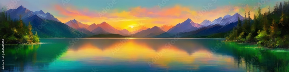 Abstract blurry drawn illustration of mountain forest lake on summer evening. Background for design, space for text.
