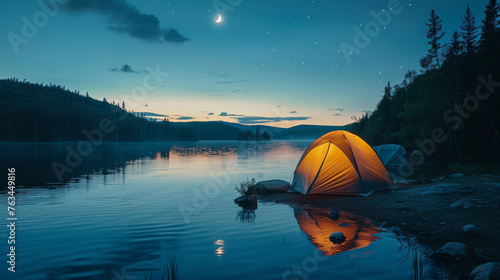 Illuminated tent at lakeside campsite. Night time. Outdoor adventures. Camping. Traveling.