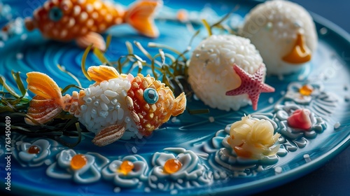 Copy Space for Text on the Left Side: A Close-Up of a Plate Crafted into a Sea Scene with Fish-Shaped Rice Balls and Vegetable Seaweed, Against a Deep Blue Plate.