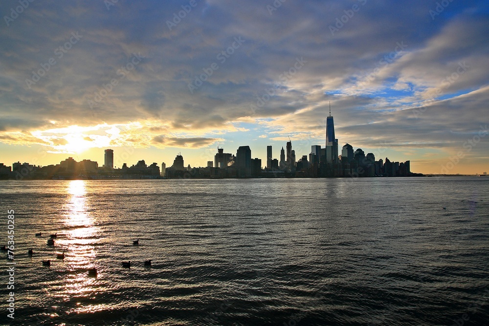 Close up landscape image of the lower Manhattan skyline at sunrise 