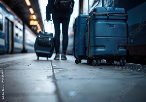 Traveler with Luggage at Train Station Platform