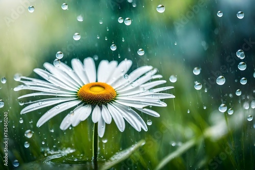 daisy with water drops, Generative AI captures the delicate beauty of a chamomile daisy flower adorned with water drops on its white petals, glistening after a refreshing rain