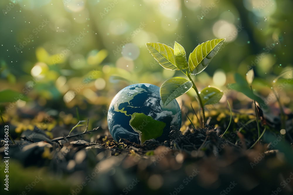 Miniature globe planet Earth with green plant sprout in soil with sunlight and bokeh. Earth Day wallpaper Miniature globe planet Earth with green plant sprout in soil with sunlight and bokeh. Earth Day wallpaper