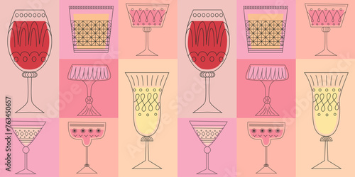 Geometric seamless pattern with alcoholic cocktails in glasses of different shapes. Drinks in different types of vintage glasses. Modern design for greeting cards, posters, wrapping, pack paper.