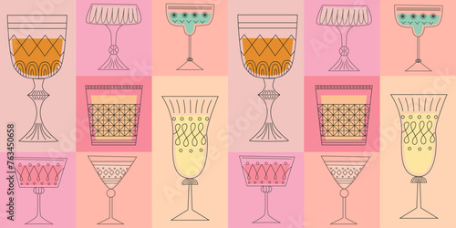 Geometric seamless pattern with alcoholic cocktails in glasses of different shapes. Drinks in different types of vintage glasses. Modern design for greeting cards, posters, wrapping, pack paper.
