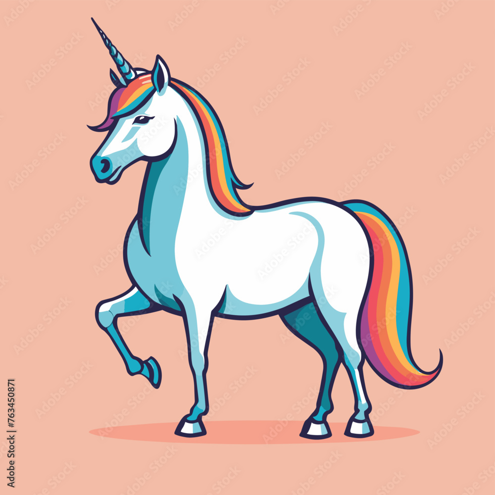 Obraz premium Colorful cartoon unicorn with a rainbow mane stands gracefully on a pastel pink background.