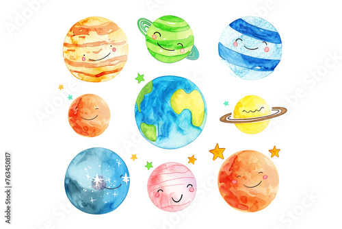 Collection set of colorful cartoon planets with smiling faces and stars on white background