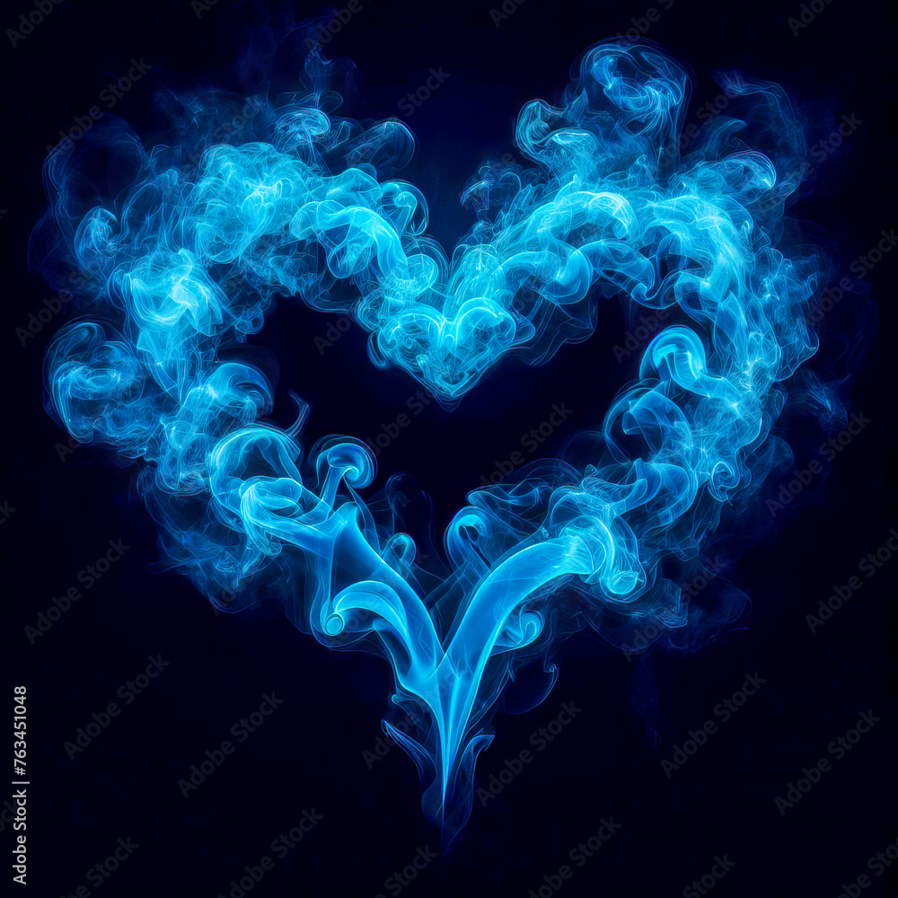 Blue magic heart in the form of smoke on a black background. The concept of love, Valentine's Day, self -sacrifice