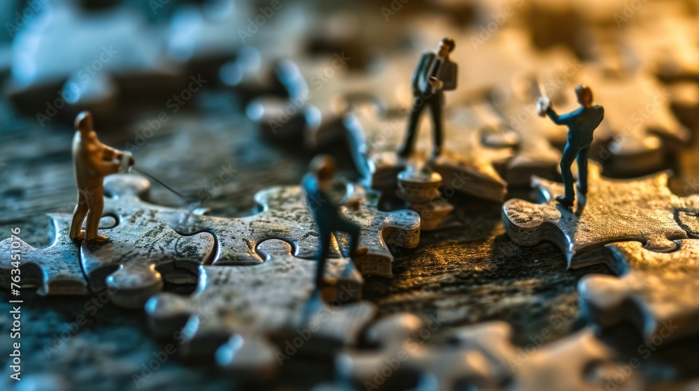 The miniature varies group of employed people that standing still on the uncompleted jigsaw board trying to work together to find the solution for the problem that they talking to each other. AIGX03. - obrazy, fototapety, plakaty 