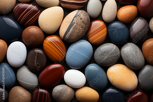 Trendy multicolored sea stone pebbles on beach, abstract nature pattern background