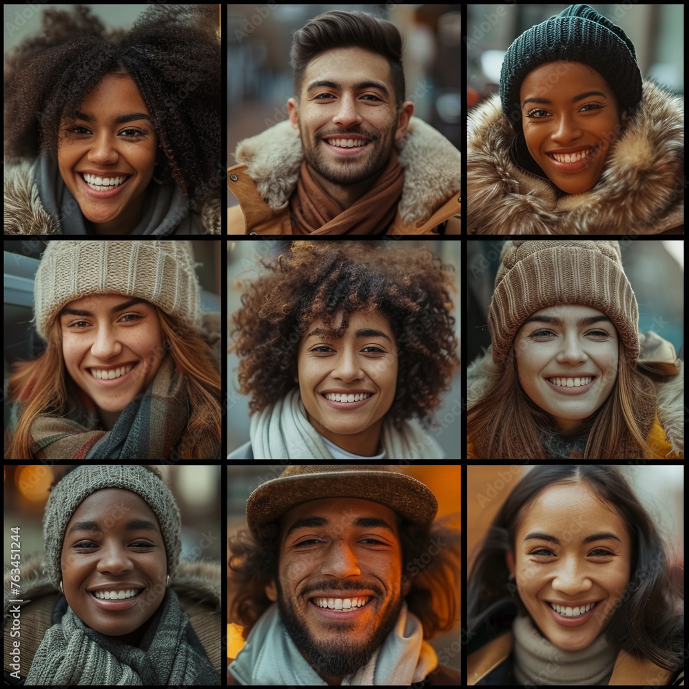 A group of multicultural people are smiling and wearing winter hats. A group of multicultural people are smiling and wearing winter hats.