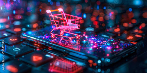 Consumer Engaging in Online Shopping with a Holographic Shopping Cart and Sale Icons Displayed Above Smartphone photo