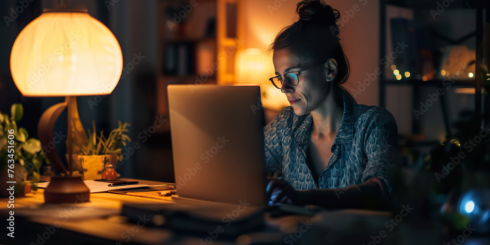 Woman working from home late at night, busy Woman working from home late at night, busy