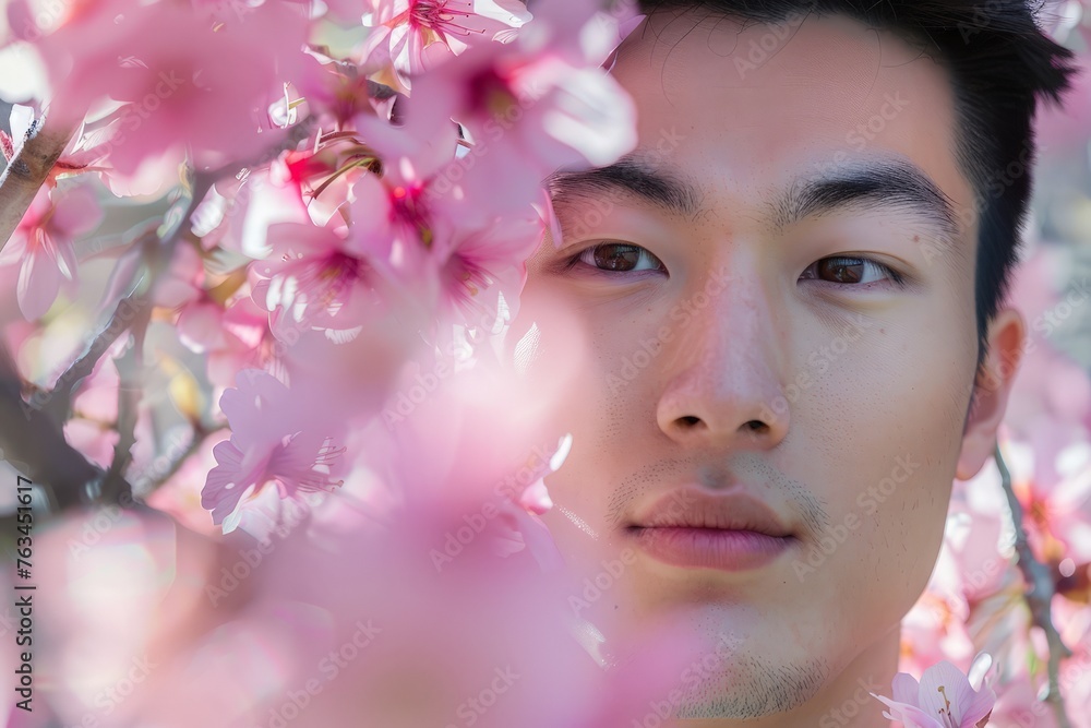 Asian man standing in front of a blossoming tree filled with pink flowers Asian man standing in front of a blossoming tree filled with pink flowers