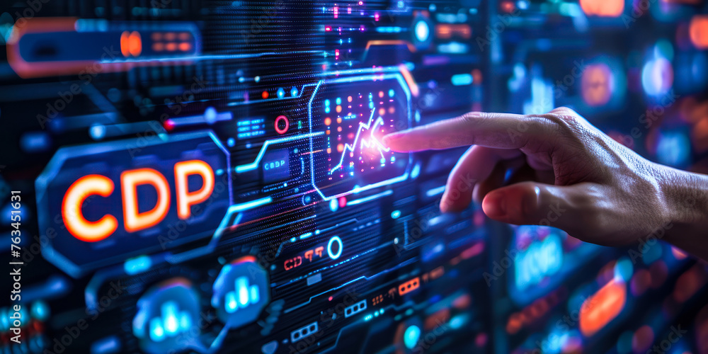 Marketer Interacting with a Customer Data Platform (CDP) Interface for Enhanced Data Unification and Marketing Marketer Interacting with a Customer Data Platform (CDP) Interface for Enhanced Data Unification and Marketing