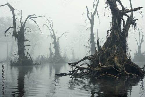Misty swamp with eerie dead trees submerged in the water © KerXing