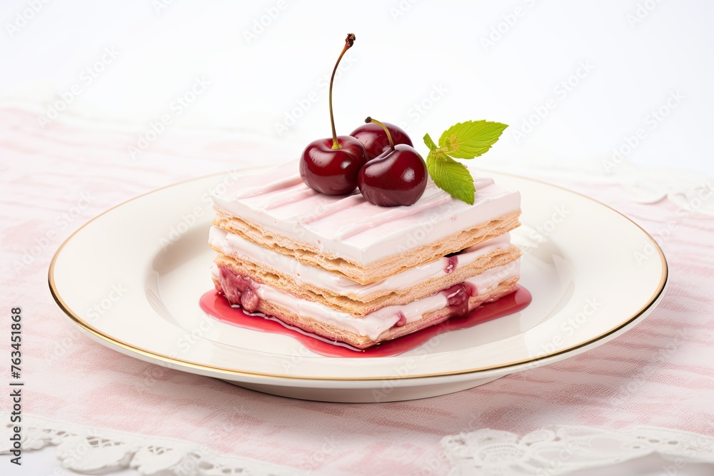 Delicious Cherry Icebox Cake In Elegant Ceramic Plate isolated on white Delicious Cherry Icebox Cake In Elegant Ceramic Plate isolated on white