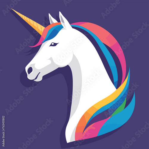 Illustration of a majestic unicorn with a vibrant, multicolored mane on a deep purple background.