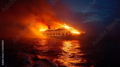 Cruise ship in fire at open sea. Luxury cruise. Floating liner emergency situation. Extinguishing fire from firefighting boat.