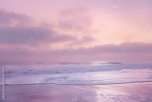 ocean  beach scene  pastel sky  calm waves  soft pink and purple hues 