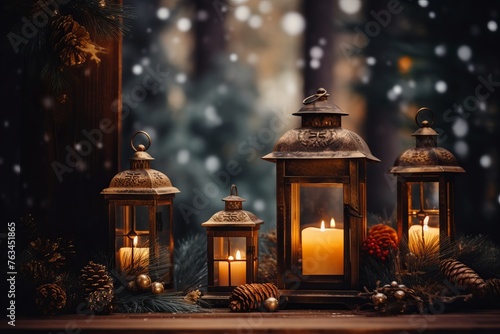 Glowing lanterns and candles creating a warm and cozy holiday atmosphere © KerXing