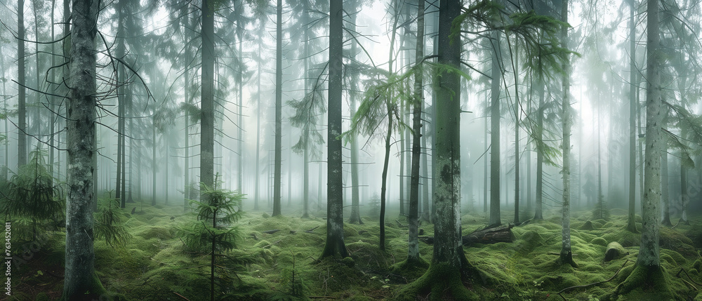 Naklejka premium panoramic of a dense forest with a misty atmosphere